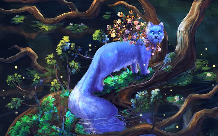 fantasy art, green foliage, fluffy tail, fabulous animal, glowing eyes, white fur, the branches of a tree, tree branches, белая шерсть, венок из цветков, fairy animal, flower wreath, HD wallpaper