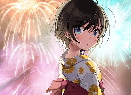 Anime Mädchen, Kimono, Festival, kurze Haare, Feuerwerk, Anime, HD-Hintergrundbild HD wallpaper