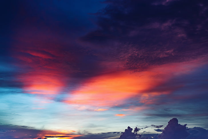 red and white clouds, sky, clouds, sunset, mountains, landscape, HD wallpaper
