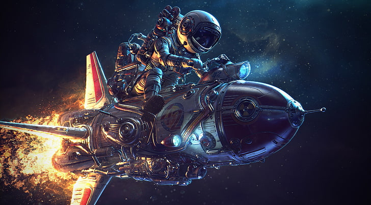 ilustracja statku kosmicznego, astronauta jadący na statku kosmicznym w kosmosie, astronauta, ogień, Michael-Black, rakieta, hełm, szczegółowe, rosyjski, Tapety HD