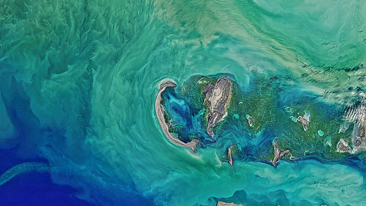 Каспийское море, вода, вода, земля, космическая фотография, фотография, океан, синий, спутник, острова, зеленый, остров, аэрофотосъемка, НАСА, HD обои