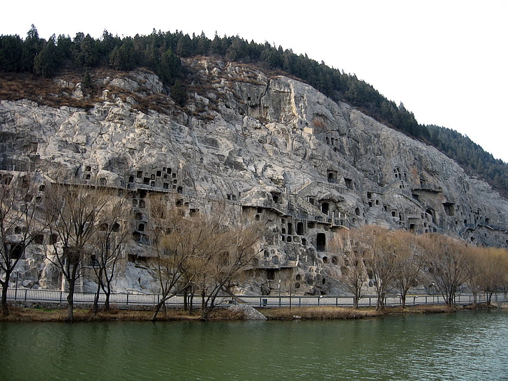 gray rock formation, longman grottoes, cave, river, hill, shore, HD wallpaper