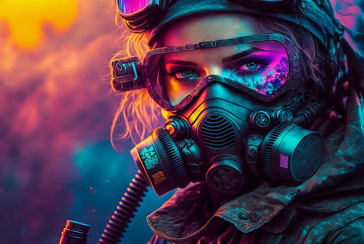 Seni AI, wanita, cyberpunk, masker gas, mata, neon, warna-warni, potret, Wallpaper HD
