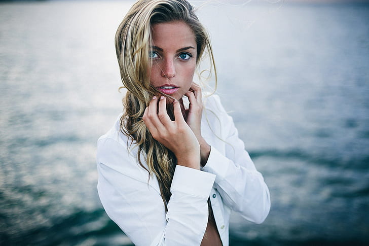 blonde, blue eyes, open mouth, white shirt, open clothes, hand on face, looking at viewer, women, HD wallpaper