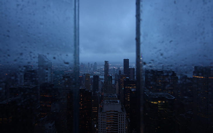 città, pioggia, finestra, grattacieli, città notturno, gocce di pioggia, veduta aerea, Sfondo HD