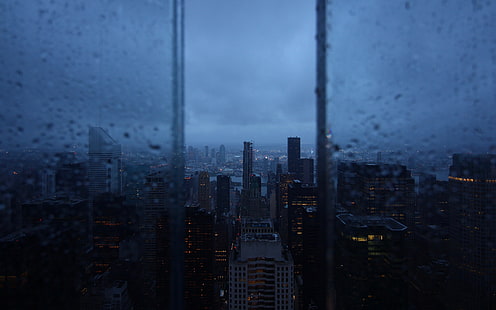 град, дъжд, прозорец, небостъргачи, нощен град, дъждовни капки, въздушен изглед, HD тапет HD wallpaper