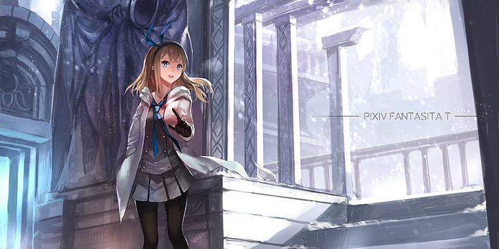 Illustration einer braunhaarigen Frau, Anime, Pixiv Fantasia, swd3e2, Handschuhe, Rock, HD-Hintergrundbild