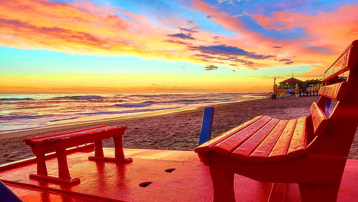 summer, beach, bench, seat, shore, sand, sea, life, HD wallpaper