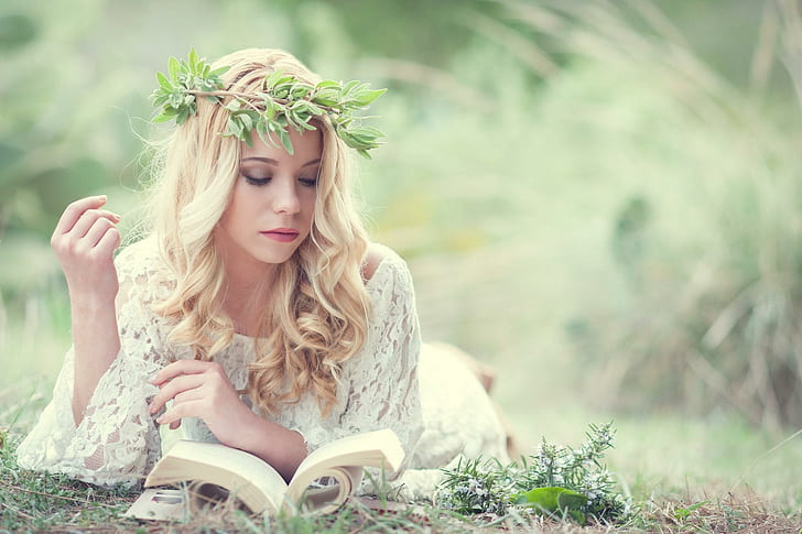 girl, grass, book, wreath, tenderness, women's white floral top, girl, grass, book, wreath, tenderness, HD wallpaper
