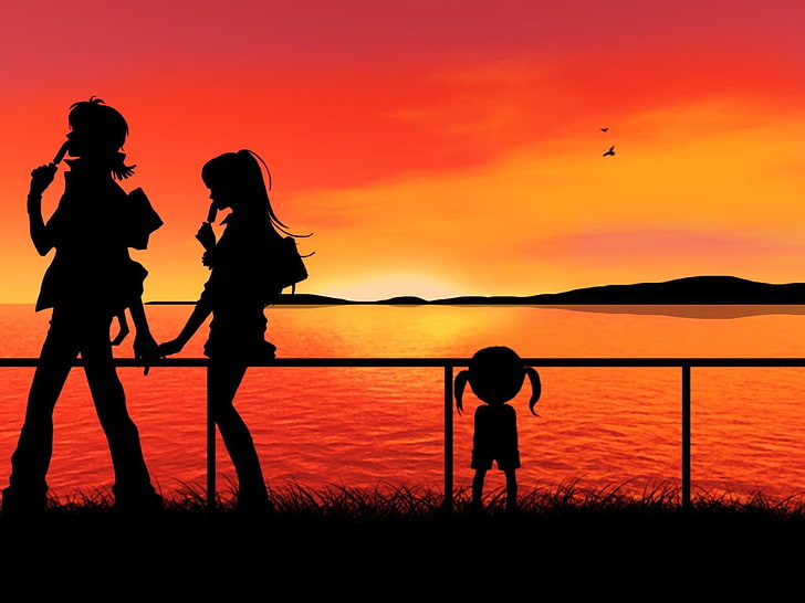 anime, zachód słońca, sylwetka, trzymanie się za ręce, anime dziewczyny, niebo, światło słoneczne, Tapety HD