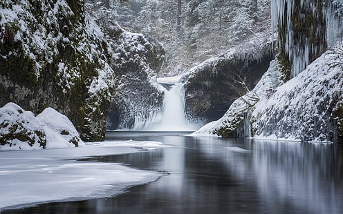 naturaleza, paisaje, bosque, montañas, cascada, río, nieve, invierno, frío, hielo, Fondo de pantalla HD HD wallpaper