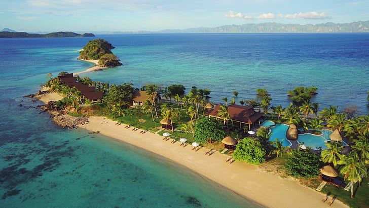 Malaroyroy Bulalacao Island Coron Palawan Resort Filipinas Vista De Dron Hd Wallpaper 2560 × 1440, HD papel de parede