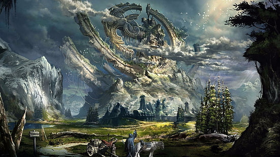 fantasy world, magic, fantasy art, landscape, sky, tree, forest, mountain, mythology, artwork, ring, HD wallpaper HD wallpaper