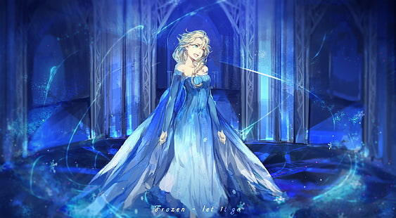 Wallpaper anime Disney Elsa, Frozen (film), Princess Elsa, film animasi, karya seni, anime, gadis anime, mata biru, biru, pirang, putri, sihir, kastil, Wallpaper HD HD wallpaper