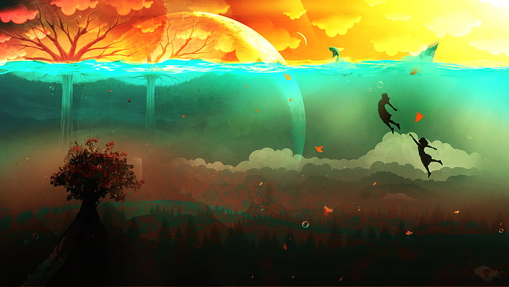 tress and two person in underwater during golden hour illustration, two women under water illustration, painting, flying, surreal, trees, clouds, bubbles, fish, sea, leaves, underwater, artwork, HD wallpaper