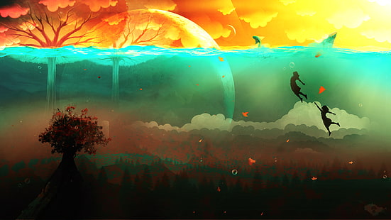 tress et deux personne dans sous l'eau pendant l'illustration de l'heure d'or, illustration de deux femmes sous l'eau, peinture, battant, surréaliste, arbres, nuages, bulles, poisson, mer, feuilles, sous l'eau, oeuvre, Fond d'écran HD HD wallpaper