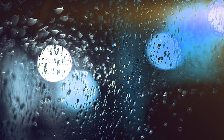 雨、夜、滴、ボケ、青、フレア、光、パターン、 HDデスクトップの壁紙