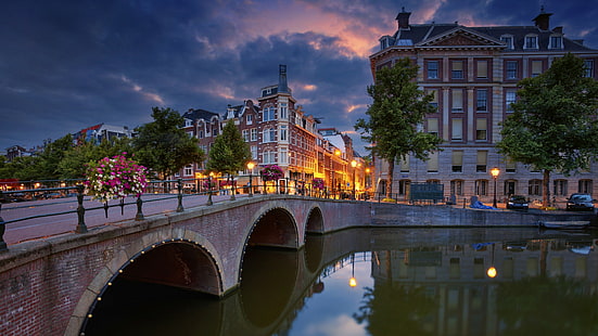 Холандия, канал, Амстердам, Европа, вода, здрач, град, градски пейзаж, мост, вечер, HD тапет HD wallpaper