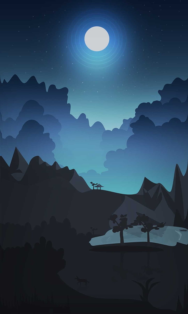 shed on hill under full moon animated wallpaper, night, summer, wolf, sky, HD wallpaper