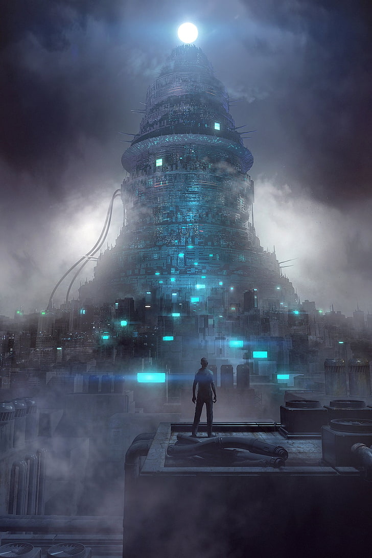 Человек, стоящий на вершине здания с видом на высотное здание цифровые обои, научная фантастика, HD обои, телефон обои