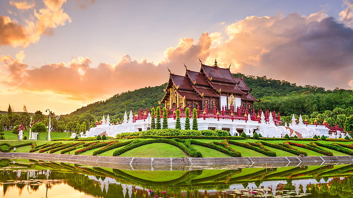 landmark, historic site, tourist attraction, tourism, reflection, landscape, asia, chiangmai, thailand, chiang mai, HD wallpaper