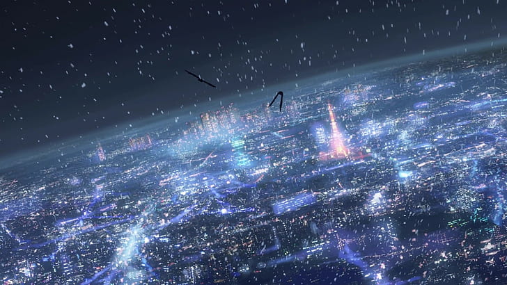 stadens silhuett under natten, flygfotografering av staden på natten, anime, 5 centimeter per sekund, stadsbild, HD tapet