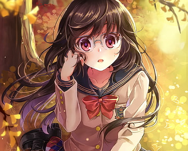 anime girl, glasses, meganekko, school uniform, cute, Anime, HD wallpaper HD wallpaper