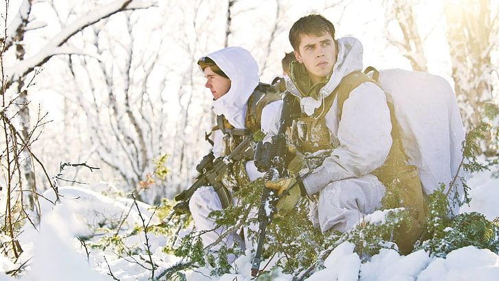 men's two white snow jackets, military, Norway, Norwegian Army, snow, forest, HD wallpaper