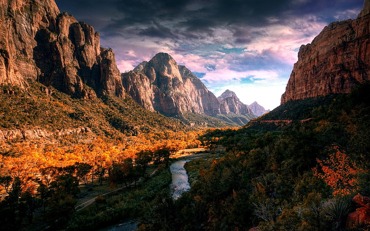 gunung berbatu, lanskap, Taman Nasional Zion, Utah, alam, pegunungan, sungai, Wallpaper HD