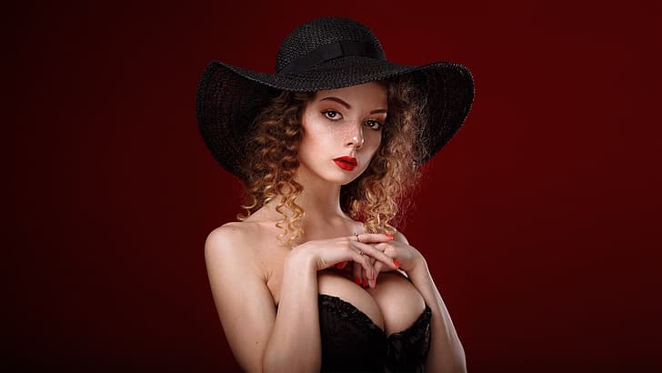 girl, cleavage, long hair, dress, hat, brown hair, brown eyes, boobs, breast, photo, photographer, model, lips, face, brunette, hands, pose, chest, portrait, mouth, red nails, freckles, red lipstick, simple background, hands on boobs, red background, painted nails, lipstick, looking at camera, curly hair, bare shoulders, looking at viewer, strapless, Venera Gudkova, Alexander Chuprina, HD wallpaper