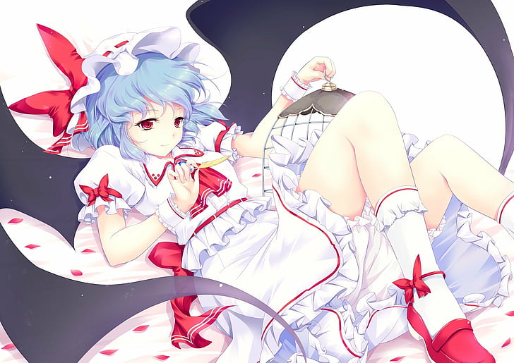 anime, bird, blue, cage, eyes, feathers, games, girls, hair, hats, red, remilia, scarlet, short, touhou, video, wings, HD wallpaper
