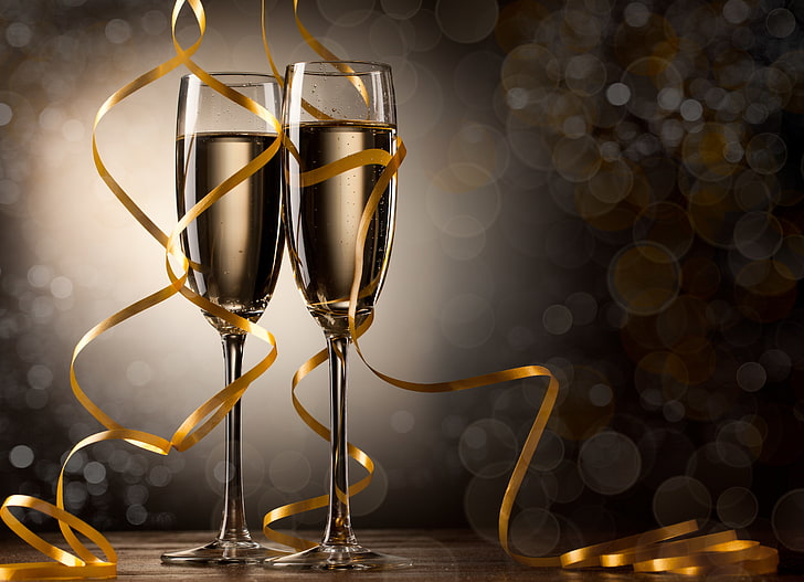 two clear champagne glasses, tape, holiday, Christmas, Happy New Year, Merry Christmas, ribbon, champagne, HD wallpaper