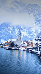 Hallstatt, Österreich, Landschaft, Schnee, Winter, Berge, Fluss, HD-Hintergrundbild HD wallpaper