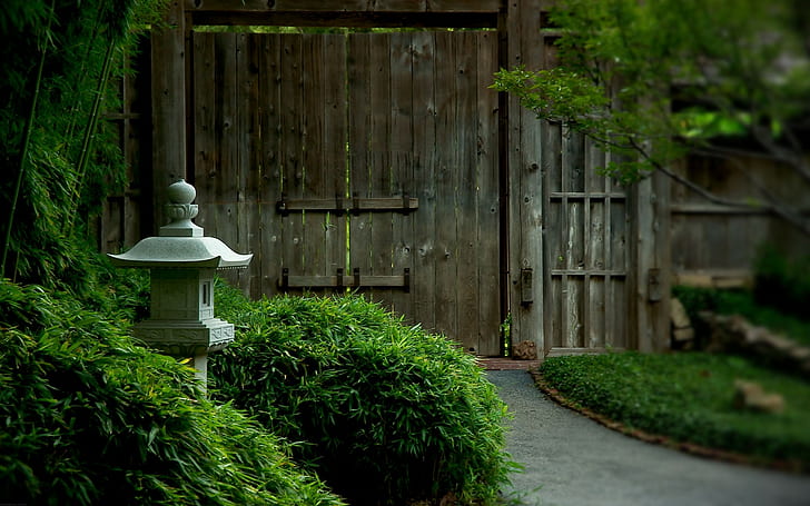 Natura, ogród japoński, Japonia, rośliny, drewniane drzwi, brązowe drewniane drzwi i szary betonowy miniaturowy dom, natura, japoński ogród, japonia, rośliny, drewniane drzwi, Tapety HD