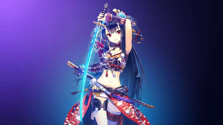 personagem de anime feminino de cabelo azul segurando a espada elétrica azul, garota guerreira, garota Katana, 4K, HD papel de parede