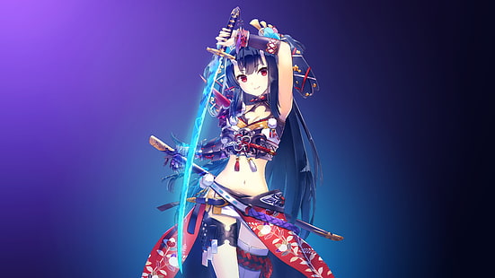 blue-haired female anime character holding blue electric sword, Warrior girl, Katana girl, 4K, HD wallpaper HD wallpaper