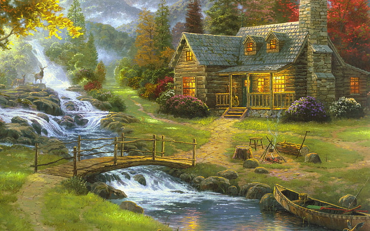 ponte marrom, artística, pintura, ponte, canoa, casa de campo, veado, casa, montanha, rio, cachoeira, HD papel de parede