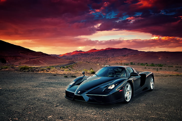 black Ferrari sports coupe, clouds, sunset, desert, supercar, Ferrari Enzo, Ferrari what Enzo's info, HD wallpaper