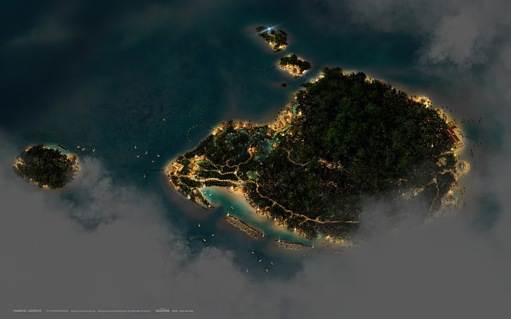 isla marrón, arte digital, CGI, naturaleza, paisaje, isla, mar, árboles, bosque, playa, arena, casa, barco, faro, nubes, tropical, vista panorámica, tarde, luces, Fondo de pantalla HD