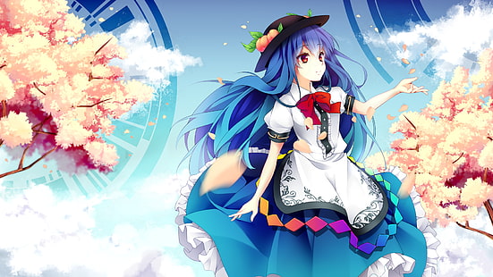 hinanawi tenshi, touhou, niebieskie włosy, kapelusz, brzoskwinia, anime, Tapety HD HD wallpaper