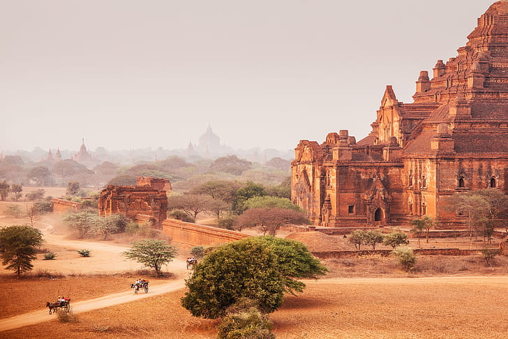 road, the sky, dust, dry, Myanmar, temples, Bagan, Horse cart, Photo Of Dhammayangyi Temple, HD wallpaper