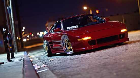 czerwone coupe, ulica, noc, światła, ulica, Toyota, mr2, Tapety HD HD wallpaper