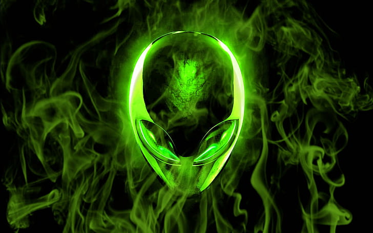 Flame Alien, зелено лого на Alienware, светове, пространство, извънземни, пламък, очи, дим, лица, 3d и абстрактни, HD тапет