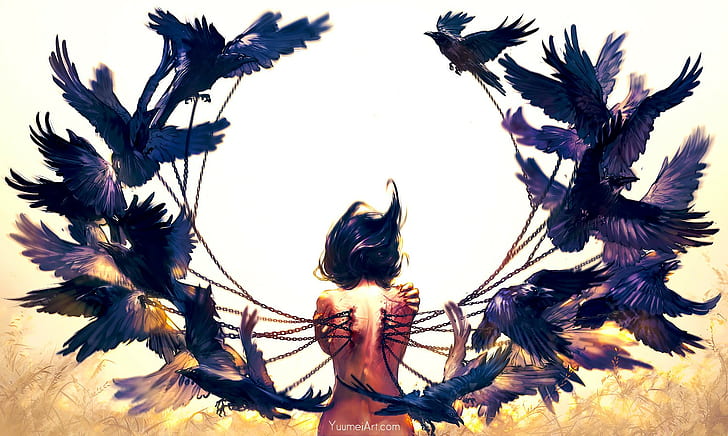 femmes cheveux noirs cheveux longs dos art numérique oiseaux corbeau corbeau peinture oeuvre chaînes vue de dos vol, Fond d'écran HD