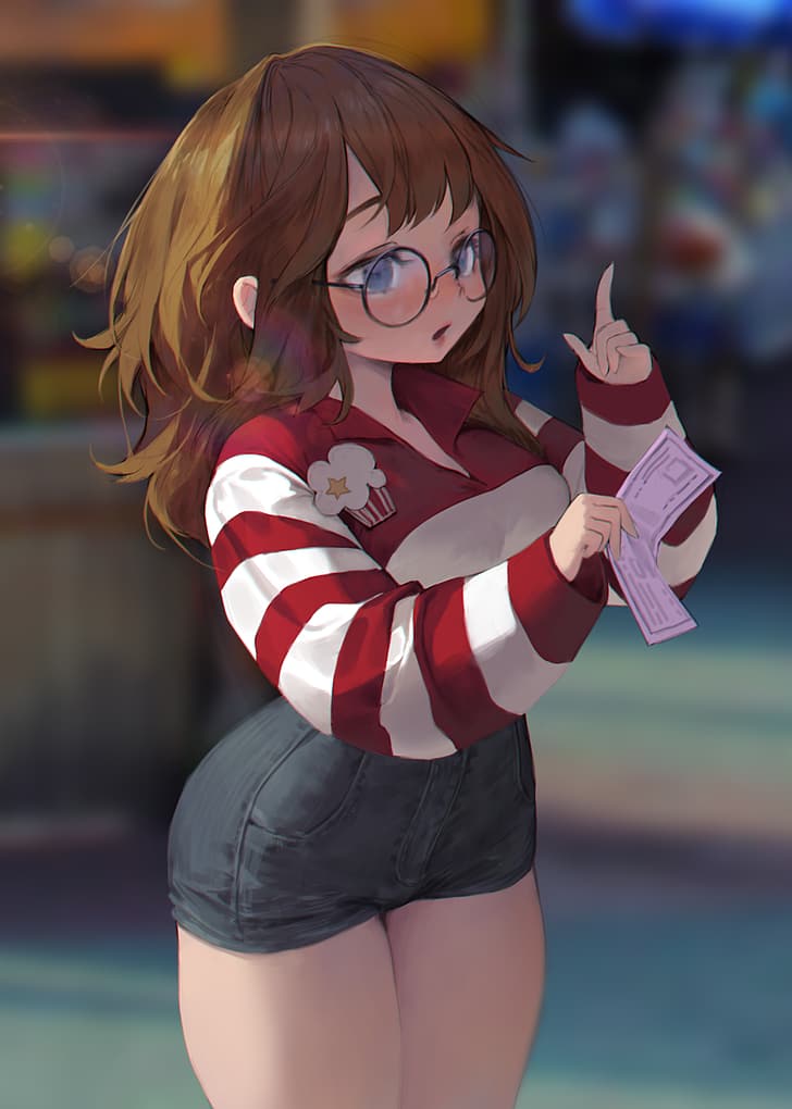 original characters, charles (106858) (artist), blue eyes, jean shorts, thick thigh, long sleeves, paper, outdoors, women, round eyewear, holding paper, index finger raised, HD wallpaper