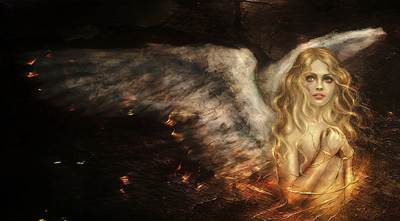 arte de fantasía, alas, niña de fantasía, ángel, obra de arte, Fondo de pantalla HD HD wallpaper