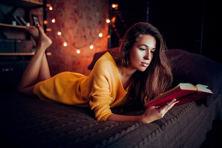 Anton Shabunin, wanita, kaki ke atas, bertelanjang kaki, membaca, buku, Wallpaper HD