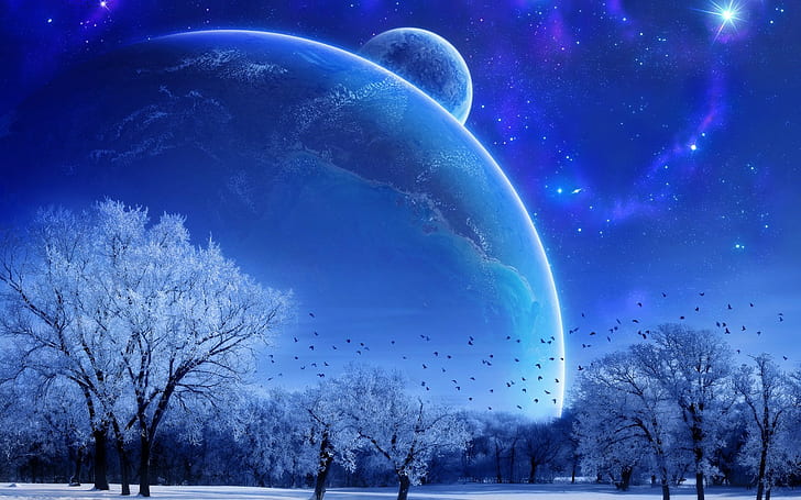 pianeta paesaggio inverno arte digitale luna spose, albero pieno di neve, pianeta, paesaggio, inverno, arte digitale, luna, uccelli, Sfondo HD