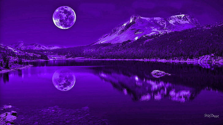 Пурпурные ночи Отражение, отражение, полная луна, таинственное, озеро, горы, пурпур, природа и пейзажи, HD обои