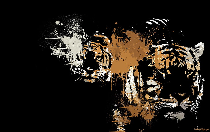 two brown tigers wallpaper, animals, predators, art, color, black background, tigers, HD wallpaper